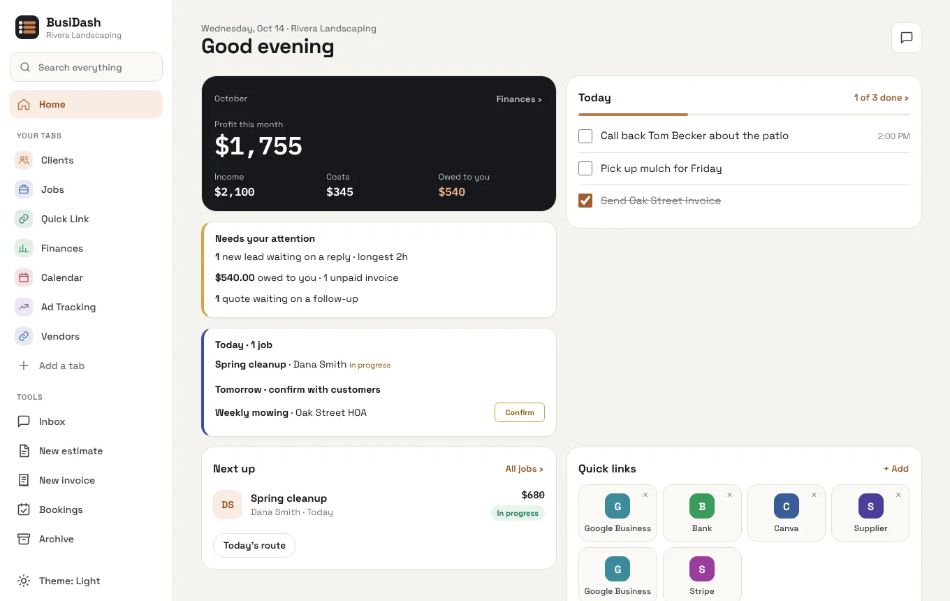 BusiDash on a computer: side menu, profit this month, today's checklist and next job