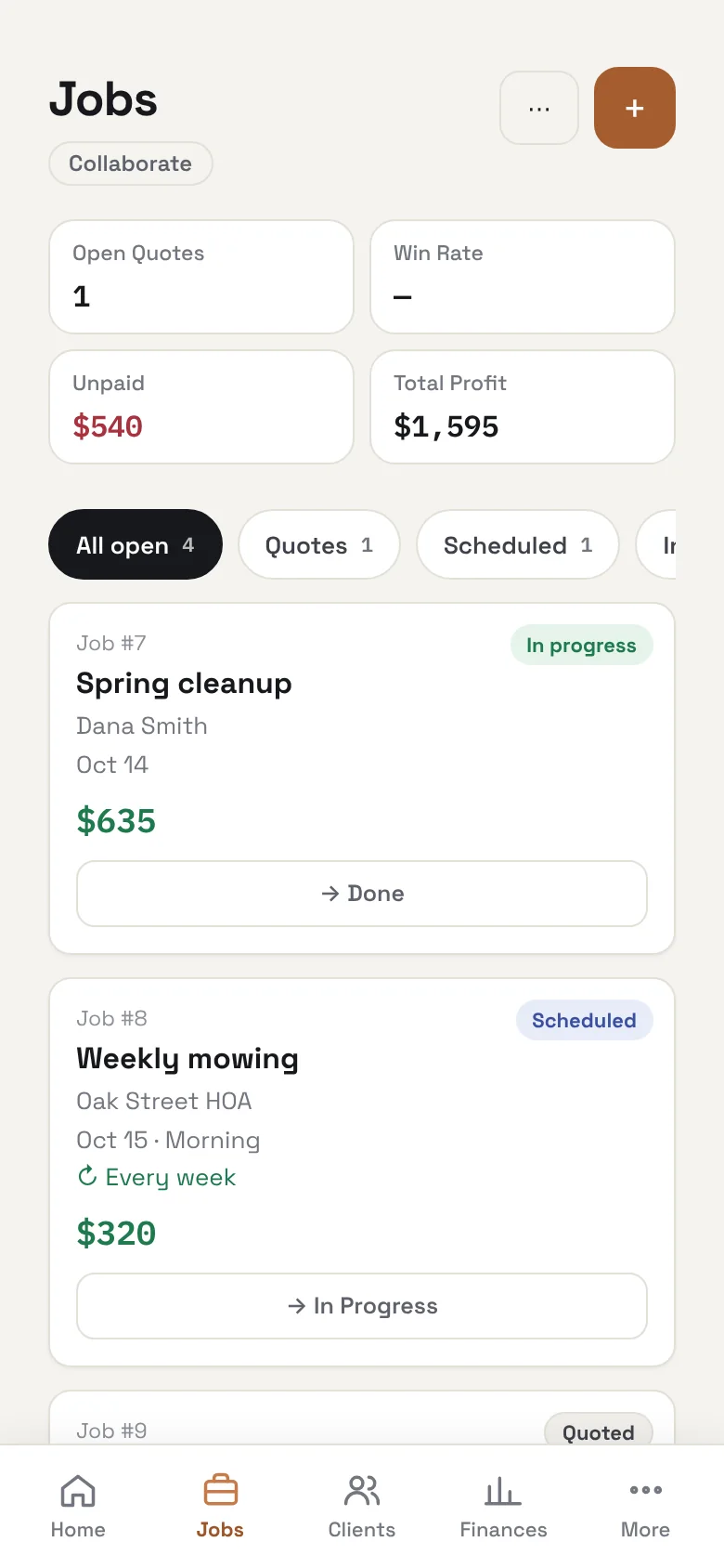 BusiDash jobs list for a small service business